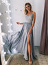 A Line Gray V Neck Lace Split Prom Dresses LBQ0913